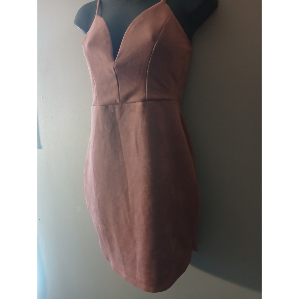Faux Suede Bodycon Mini Dress Deep V-Neck Spaghetti Strap Dusty Rose Pink - Picture 4 of 6